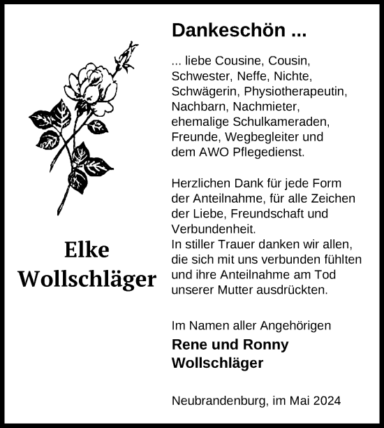 Traueranzeige von Elke Wollschläger von Nordkurier Neubrandenburger Zeitung