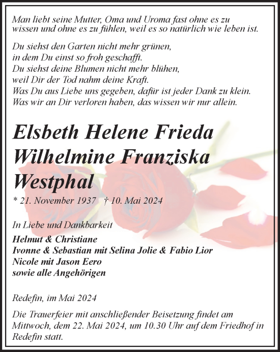 Traueranzeige von Elsbeth Helene Frieda Wilhelmine Franziska Westphal 