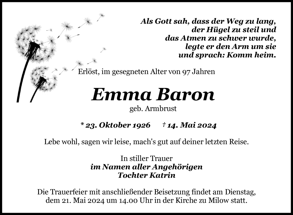  Traueranzeige für Emma Baron vom 17.05.2024 aus Nordkurier Strelitzer Zeitung