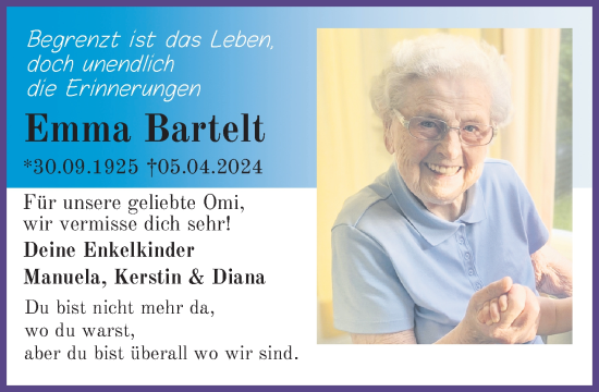 Traueranzeige von Emma Bartelt 