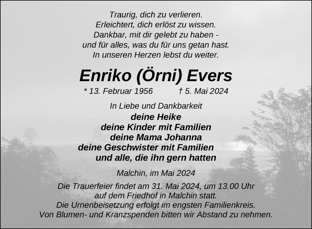  Traueranzeige für Enriko  Evers vom 25.05.2024 aus Nordkurier Mecklenburger Schweiz