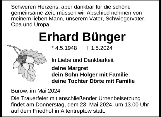 Traueranzeige von Erhard Bünger von Nordkurier Neubrandenburger Zeitung