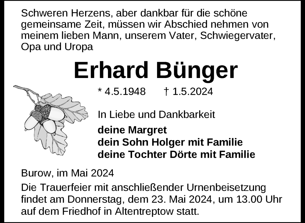  Traueranzeige für Erhard Bünger vom 08.05.2024 aus Nordkurier Neubrandenburger Zeitung