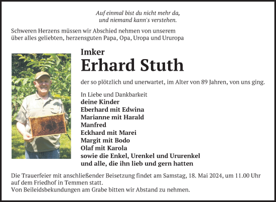 Traueranzeige von Erhard Stuth von Uckermark Kurier Templiner Zeitung