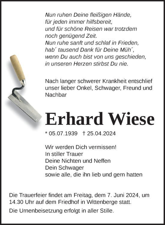 Traueranzeige von Erhard Wiese 