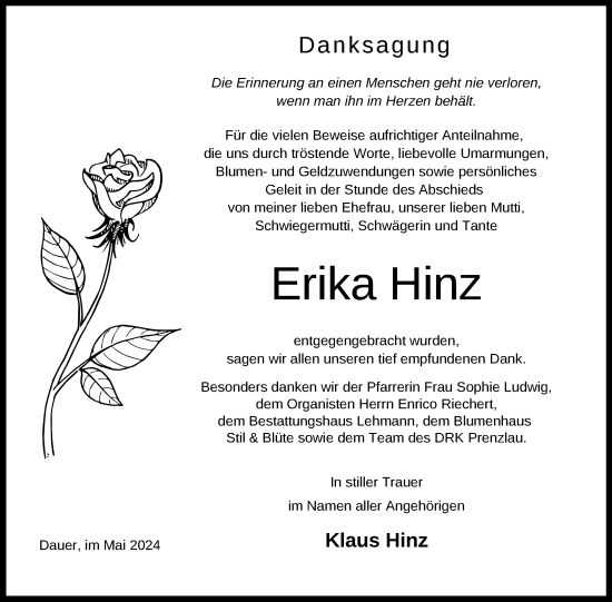 Traueranzeige von Erika Hinz von Uckermark Kurier Prenzlauer Zeitung