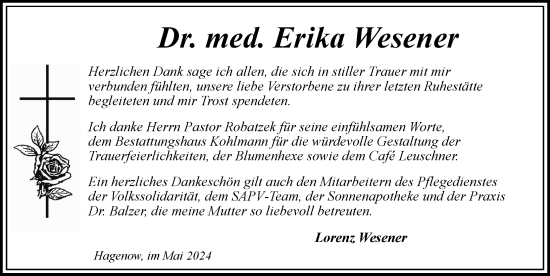 Traueranzeige von Erika Wesener 