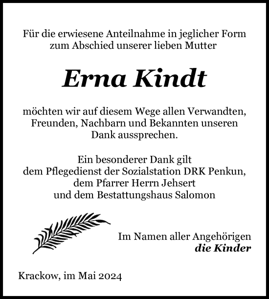 Traueranzeige von Erna Kindt von Nordkurier Pasewalker Zeitung