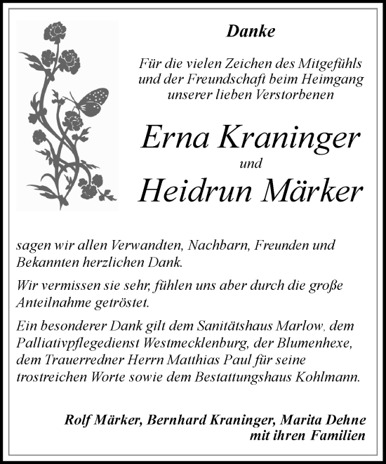 Traueranzeige von Erna Kraninger 