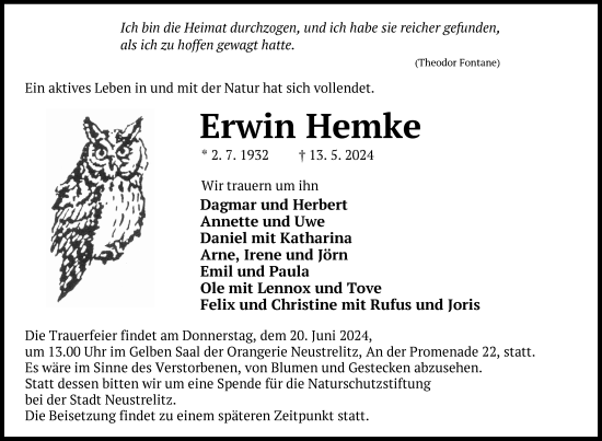 Traueranzeige von Erwin Hemke von Nordkurier Neubrandenburger Zeitung