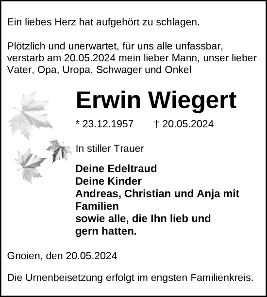 Traueranzeige von Erwin Wiegert von Nordkurier Mecklenburger Schweiz