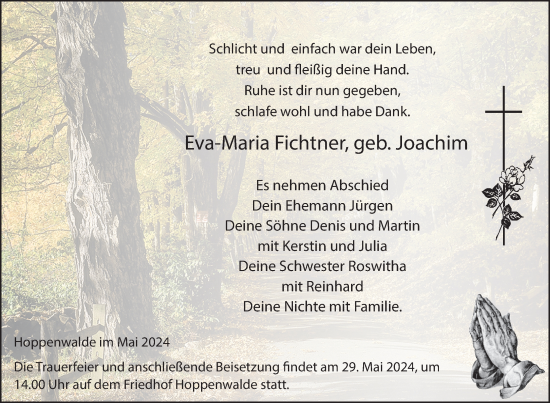 Traueranzeige von Eva-Maria Fichtner von Nordkurier Haff-Zeitung