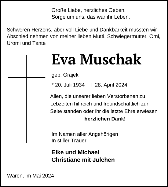 Traueranzeige von Eva Muschak von Nordkurier Müritz-Zeitung