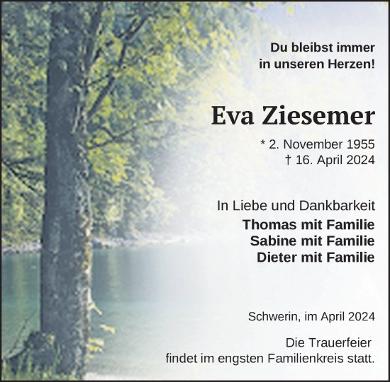 Traueranzeige von Eva Ziesemer 