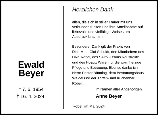 Traueranzeige von Ewald Beyer von Nordkurier Müritz-Zeitung