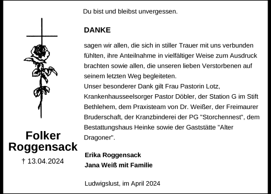 Traueranzeige von Folker Roggensack 