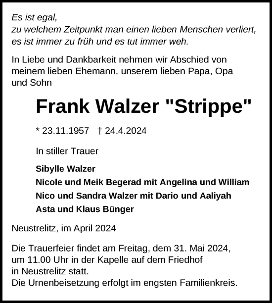Traueranzeige von Frank Walzer von Nordkurier Strelitzer Zeitung