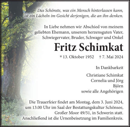 Traueranzeige von Fritz Schimkat 