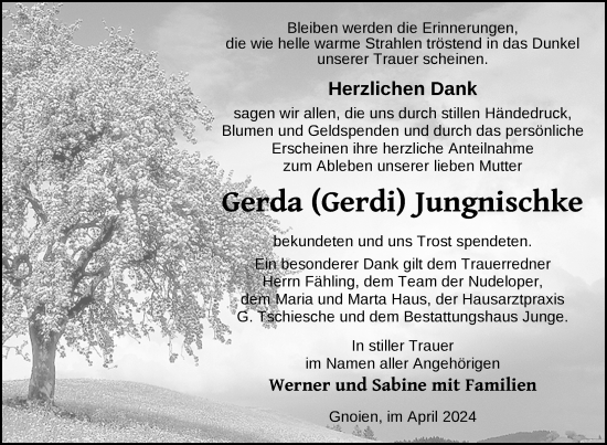 Traueranzeige von Gerda Jungnischke von Nordkurier Mecklenburger Schweiz