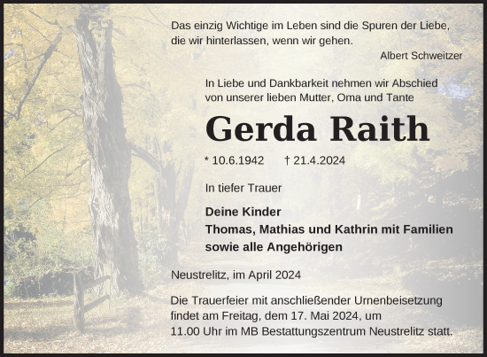 Traueranzeige von Gerda Raith von Nordkurier Strelitzer Zeitung