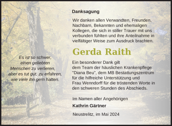 Traueranzeige von Gerda Raith von Nordkurier Strelitzer Zeitung