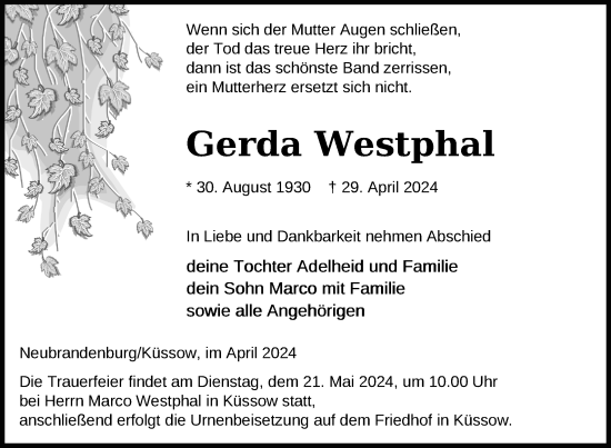 Traueranzeige von Gerda Westphal von Nordkurier Neubrandenburger Zeitung