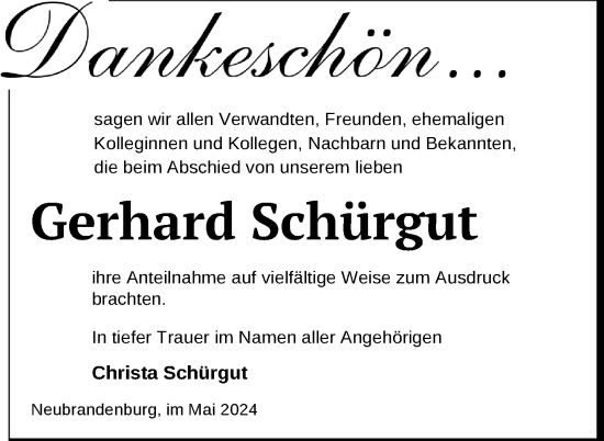Traueranzeige von Gerhard Schürgut von Nordkurier Neubrandenburger Zeitung