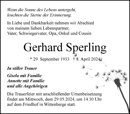 Traueranzeige von Gerhard Sperling 