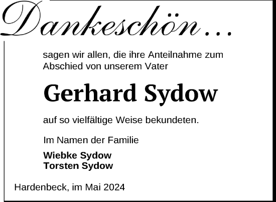 Traueranzeige von Gerhard Sydow von Uckermark Kurier Templiner Zeitung
