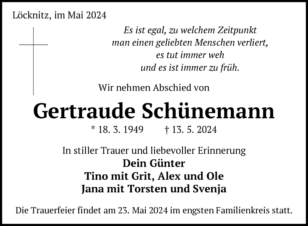  Traueranzeige für Gertraude Schünemann vom 21.05.2024 aus Nordkurier Pasewalker Zeitung