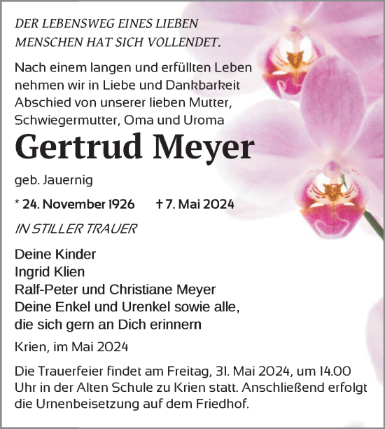 Traueranzeige von Gertrud Meyer von Nordkurier Vorpommern Kurier