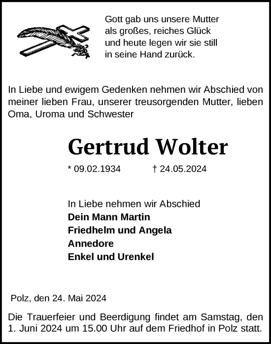 Traueranzeige von Gertrud Wolter 