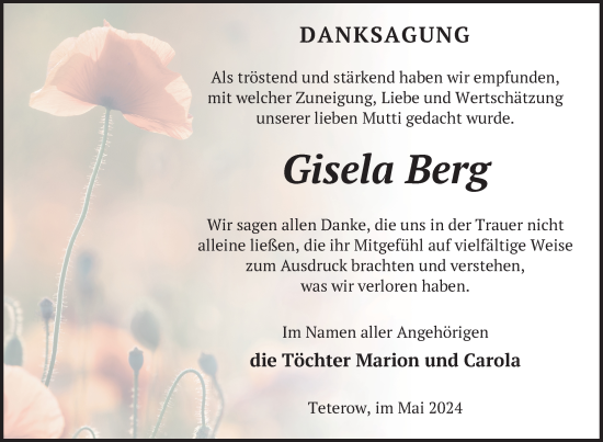 Traueranzeige von Gisela Berg von Nordkurier Mecklenburger Schweiz