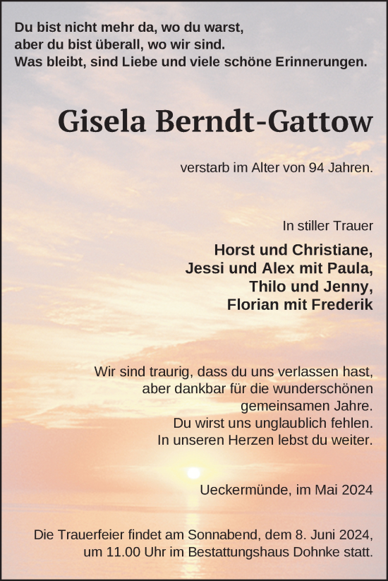 Traueranzeige von Gisela Berndt-Gattow von Nordkurier Haff-Zeitung