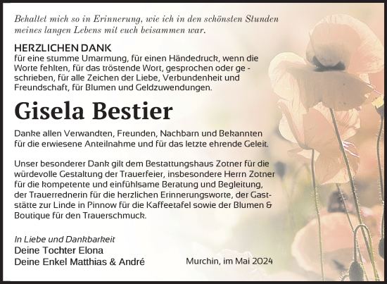 Traueranzeige von Gisela Bestier von Nordkurier Vorpommern Kurier