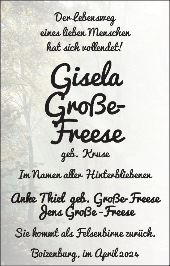 Traueranzeige von Gisela Große-Freese 
