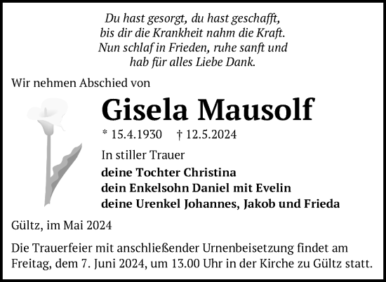 Traueranzeige von Gisela Mausolf von Nordkurier Neubrandenburger Zeitung