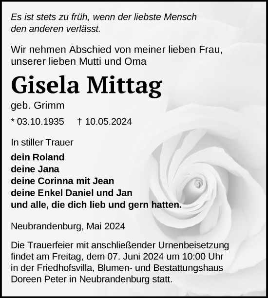 Traueranzeige von Gisela Mittag von Nordkurier Neubrandenburger Zeitung