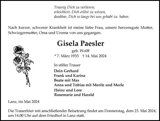 Traueranzeige von Gisela Paesler 