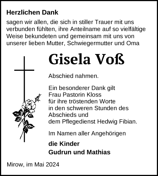 Traueranzeige von Gisela Voß von Nordkurier Strelitzer Zeitung