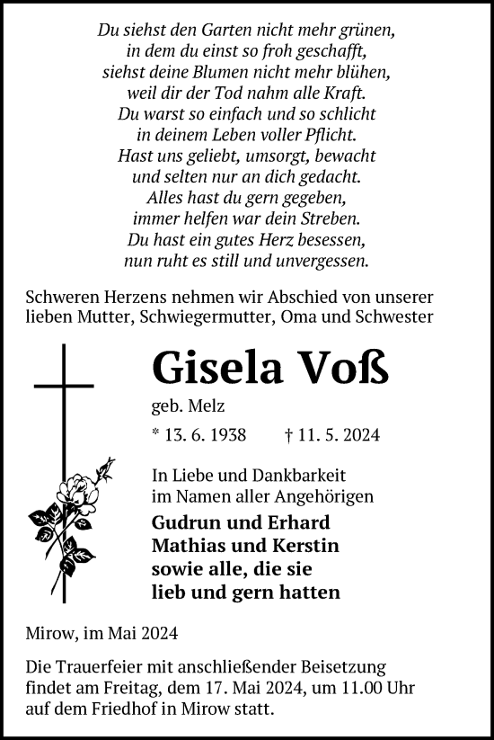 Traueranzeige von Gisela Voß von Nordkurier Neubrandenburger Zeitung