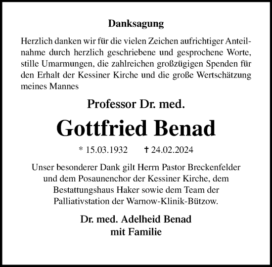Traueranzeige von Gottfried Benad 