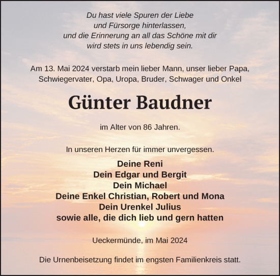 Traueranzeige von Günter Baudner von Nordkurier Haff-Zeitung