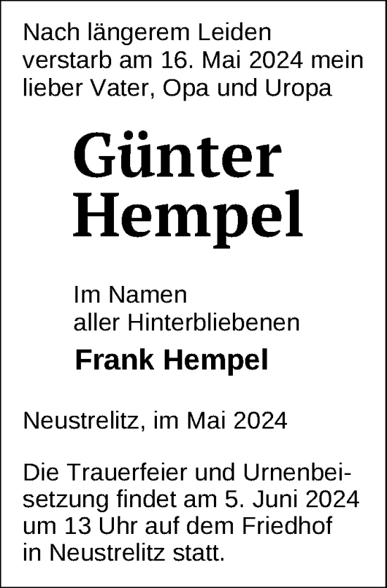 Traueranzeige von Günter Hempel von Nordkurier Strelitzer Zeitung