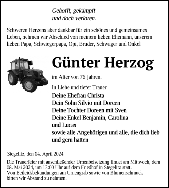 Traueranzeige von Günter Herzog von Uckermark Kurier Templiner Zeitung