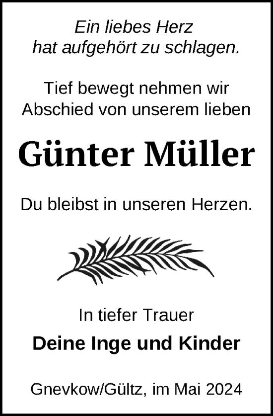 Traueranzeige von Günter Müller von Nordkurier Neubrandenburger Zeitung