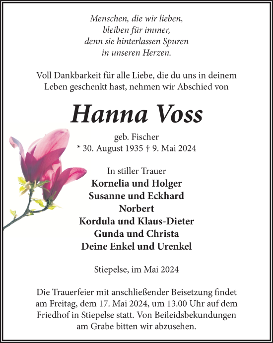 Traueranzeige von Hanna Voss 