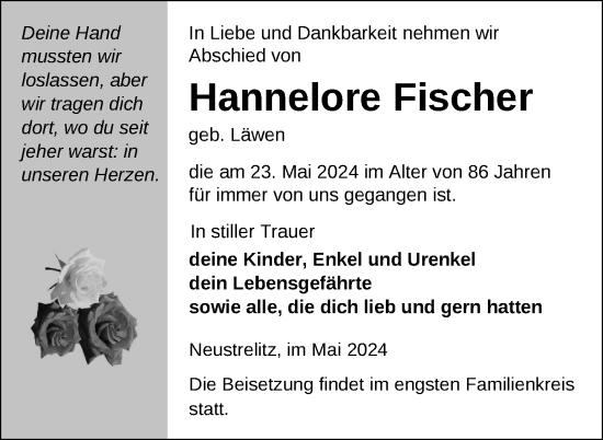 Traueranzeige von Hannelore Fischer von Nordkurier Strelitzer Zeitung
