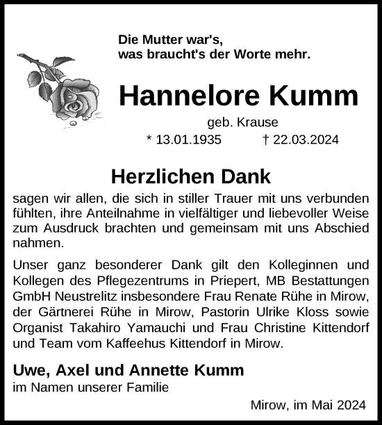 Traueranzeige von Hannelore Kumm von Nordkurier Strelitzer Zeitung