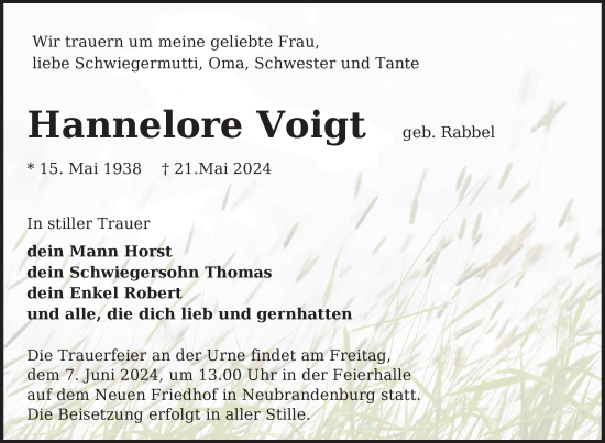 Traueranzeige von Hannelore Voigt von Nordkurier Neubrandenburger Zeitung